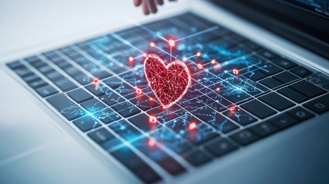 A red wireframe heart floating above a laptop keyboard symbolizing digital connections, online relationships, and the essence of modern communication today