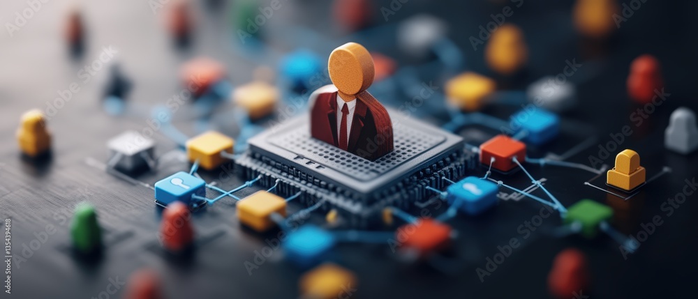 Poster a stylized human figure sitting on a computer microchip connected to colorful digital nodes illustra