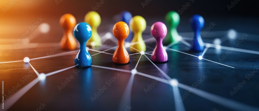 Poster colorful interconnected pusins illuminated by a vibrant glowing web depicting a dynamic network symb