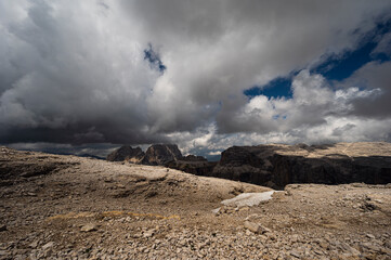  nature sceneries inside the Sass Pordoi, Sella mountain range, Dolomites, Val di Fassa, Italy