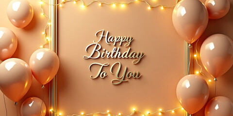 "Celebrate in style with this elegant birthday card design featuring a luxurious golden brown background. The 3D realistic balloons in peach and taupe hues are framed by a shiny gold border, complemen