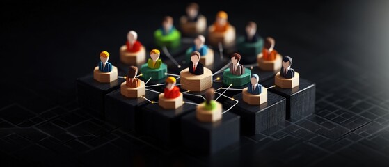 A complex network of interconnected miniature people illustrating intricate social dynamics and professional structures in a vibrant visual representation