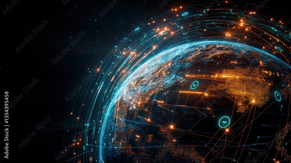 Aufkleber a stylistic digital rende of earth surrounded by a vibrant network of glowing orange and blue lines 