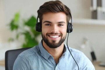 Smiling customer service representative in a modern office setting