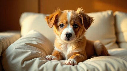 Obraz premium Adorable Puppy Resting Comfortably on Soft Cushions, Basking in Warm Sunlight