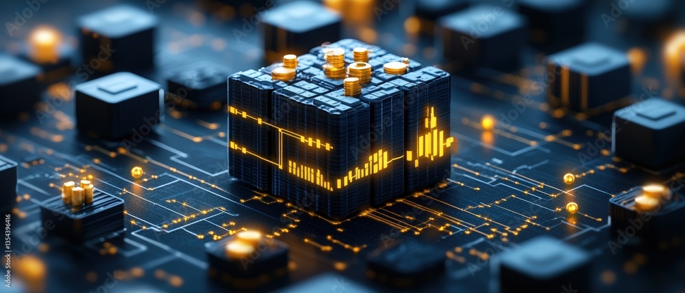 Poster close-up of a dark-grey cube with glowing orange circuitry against a dark-blue circuit board filled 