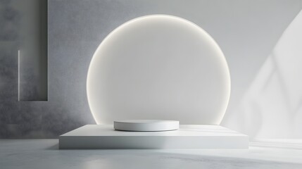 57. A minimalist podium with a soft white light highlighting an exclusive tech product