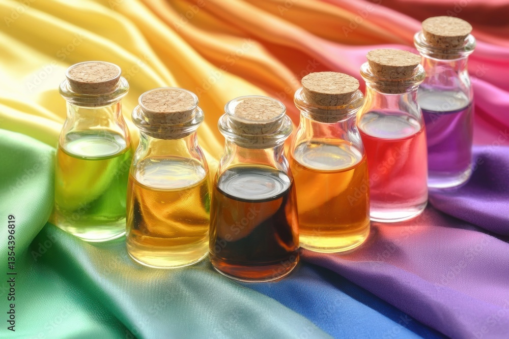 Poster glass bottles with colorful liquids on rainbow fabric background create a vibrant display