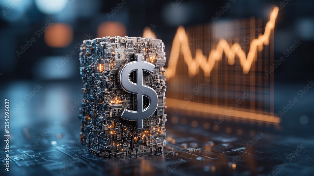 Poster metallic dollar sign on circuit board structure with orange graph background representing financial 