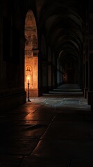 Obraz premium Candle lights a dark arched stone corridor
