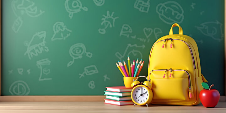 A vibrant back-to-school composition featuring a yellow backpack, colorful school supplies, an alarm clock, a red apple, and a stack of books against a chalkboard background with educational doodles. 