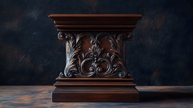 59. A vintage-style wooden podium with ornate detailing, ideal for showcasing antique items