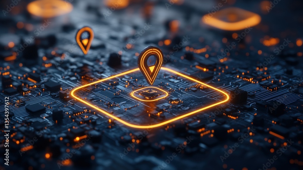 Aufkleber abstract digital illustration featu glowing orange location markers positioned on a circuit board hi