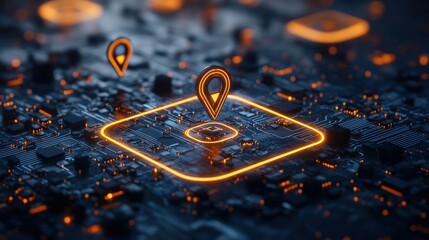 Abstract digital illustration featu glowing orange location markers positioned on a circuit board highlighting a central processing unit data point