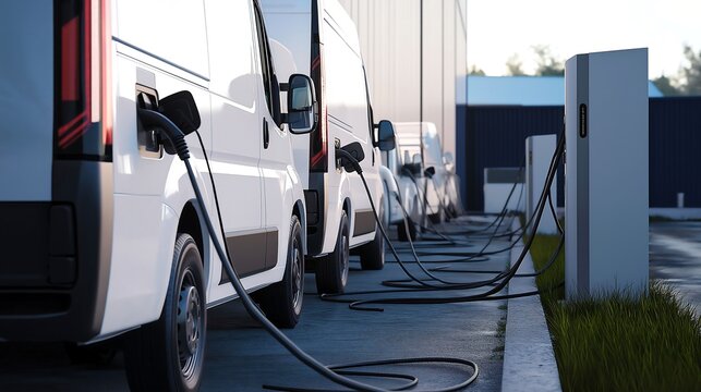 Electric vans charging at a modern facility in daylight