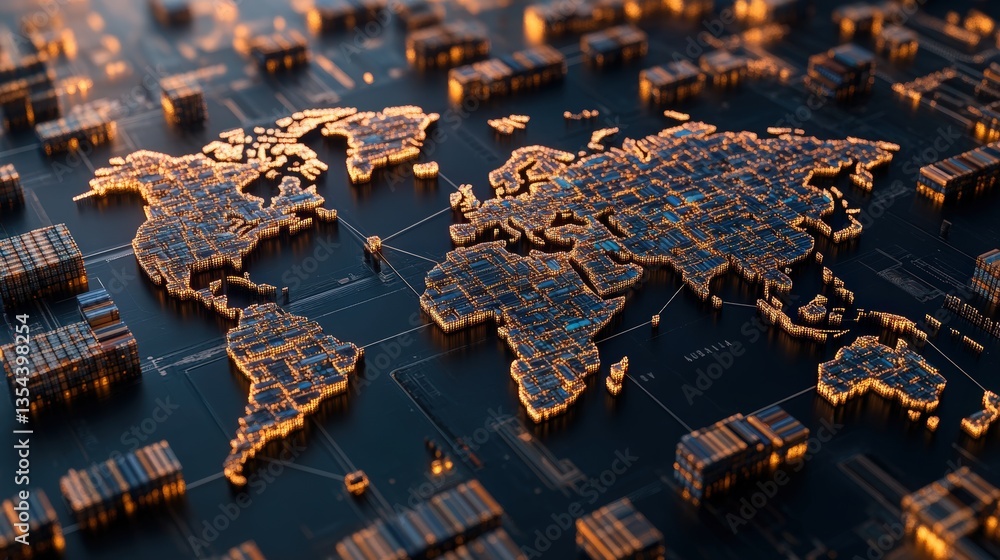 Aufkleber a futuristic 3d rende of a glowing circuit board world map on a dark high-tech surface symbolizing g