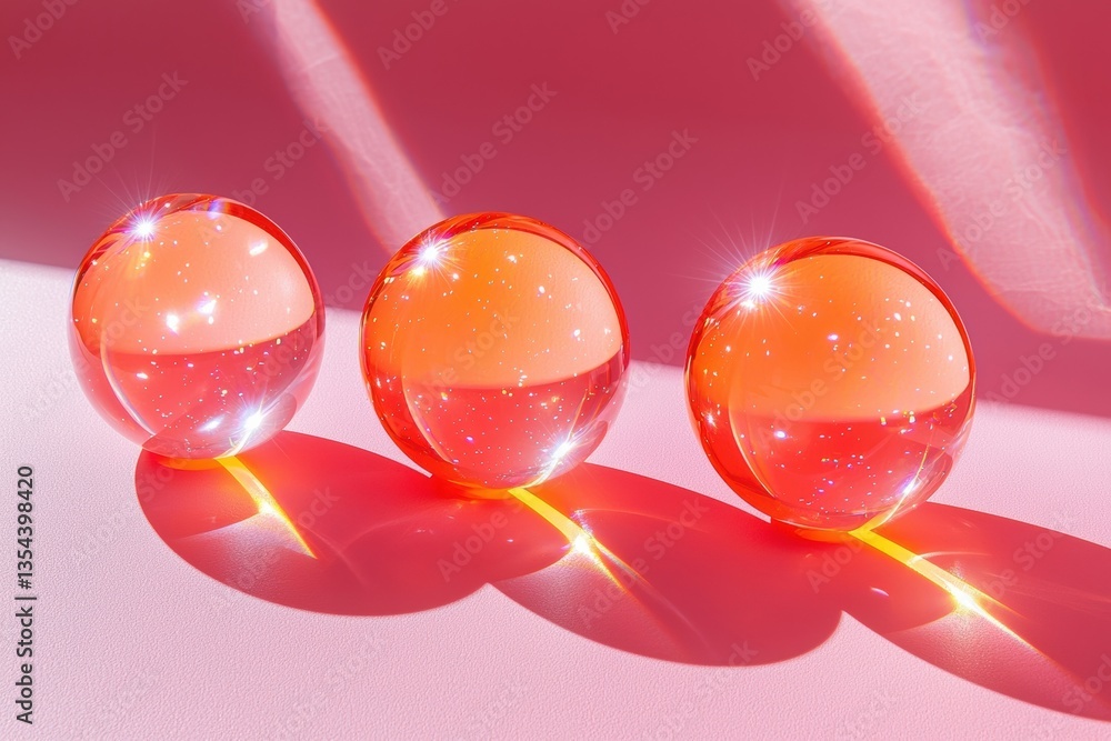 Poster translucent red glass spheres on a pink background create captivating shadows and reflections adding