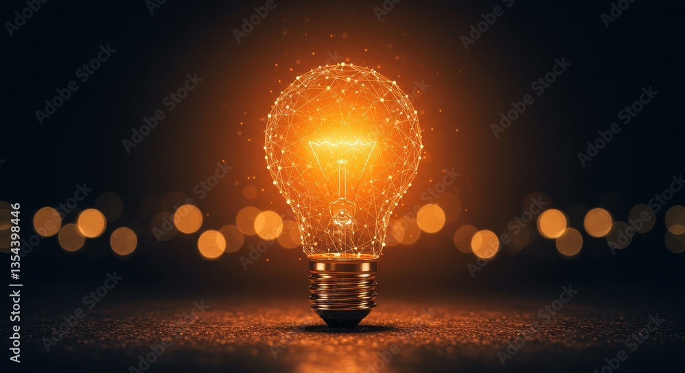 Poster a glowing light bulb composed of a network of interconnected points and lines emitting a warm orange