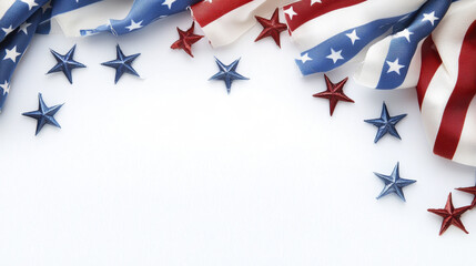 Patriotic red, white, and blue ribbons with stars create festive background