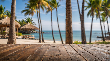 Empty wooden table on blurred background of sunny beach with palm trees on sea shore