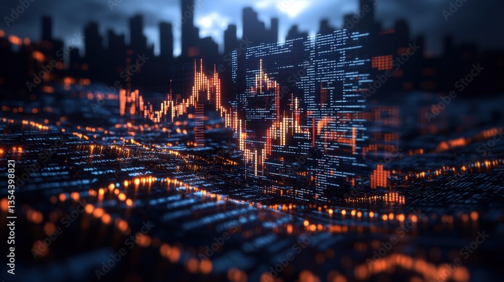 Poster stylized digital landscape of city skyline at night with dynamic data streams and stock market graph