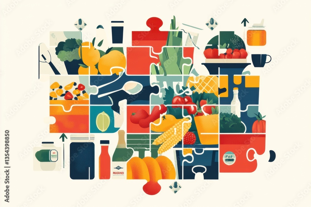 Poster Fresh groceries create a colorful puzzle design symbolizing a complete and enjoyable shopping experience