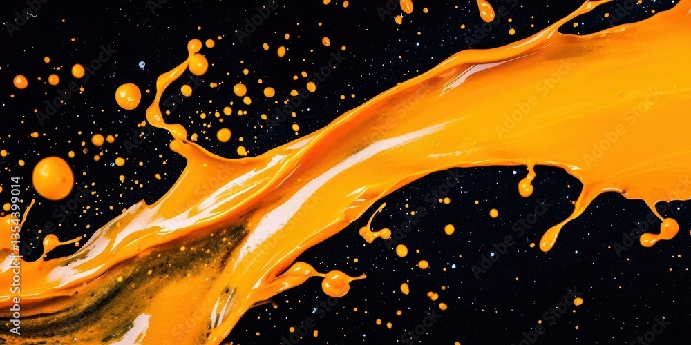 Poster vivid orange paint splash swirls across a black background creating dynamic movement and contrast
