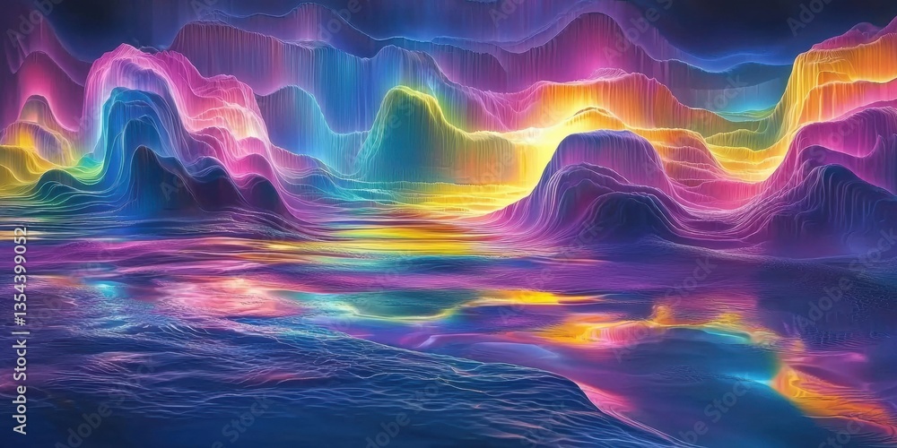 Poster symmetrical abstract futuristic waves with glowing neon light vivid colors and fluid geometric patte