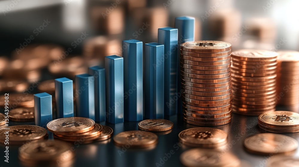 Poster close-up of a rising blue bar graph next to stacks of copper bitcoin coins with a blurred background
