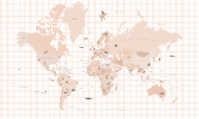 Pastel world map with animals, cute illustrated wildlife, soft colors, aesthetic decoration, educational poster, global geography, kids room wall art © csinie1
