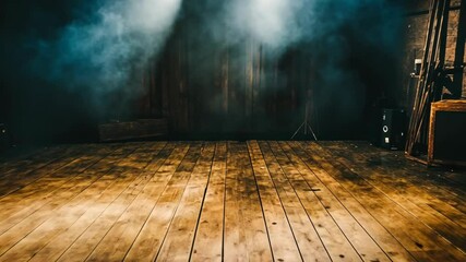 Dramatic spotlight illuminating a wooden stage in an empty performance venue