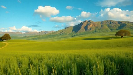 rice plants around a wide meadow with three trees and 2 pants of beautiful bright sky