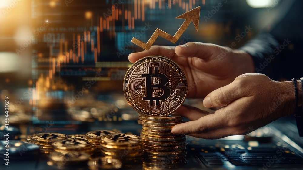 Poster close-up of hands holding a large bitcoin on a stack of bitcoins with a rising gold arrow against a 