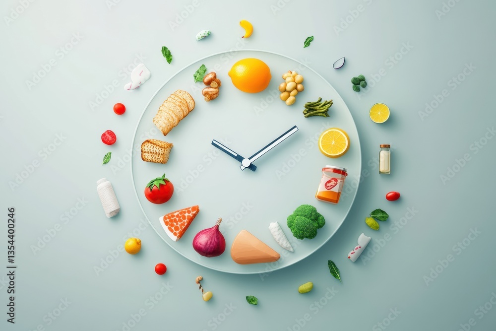 Poster creative clock design featuring food icons as numbers symbolizes fast grocery delivery in a modern a