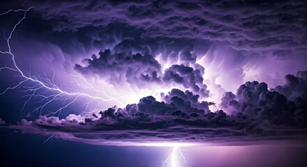 Fototapeta premium Intense purple lightning flashing through a stormy sky filled with swirling clouds and vibrant hues, Ai Generated