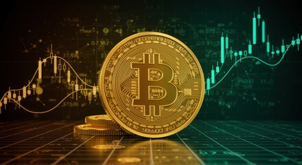 A golden Bitcoin shines in the foreground, symbolizing the rise of cryptocurrency, while dynamic digital graphs and charts highlight the fluctuating market trends.