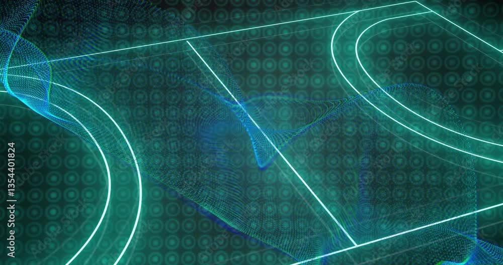 Poster glowing lines and digital patterns creating animation on futuristic basketball court