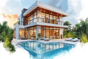 Fototapeta premium Modern two story house with swimming pool and tropical plants
