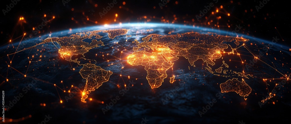 Poster digital rende of illuminated earth at night showcasing glowing lines to represent global interconnec