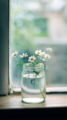 Flowers in a jar sitting on a windowsill with natural light