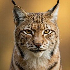 A close-up portrait of a Eurasian lynx, with detailed spotted fur