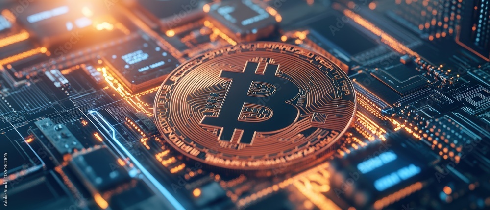 Poster close-up of bitcoin cryptocurrency coin on circuit board with warm and cool lighting creating a vivi