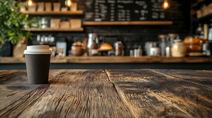 Coffee cup on rustic wooden table in cafe.
