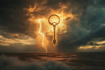 A golden key hangs above a stormy ocean with lightning striking amidst the clouds, a symbolic and powerful scene.