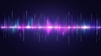 Digital audio waveform with dynamic vertical lines in shades of purple, blue, and pink against a dark background