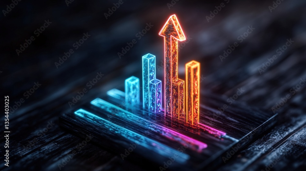 Poster glowing upward-pointing arrow rising from vibrant bar graph symbolizing growth and progress on dark 