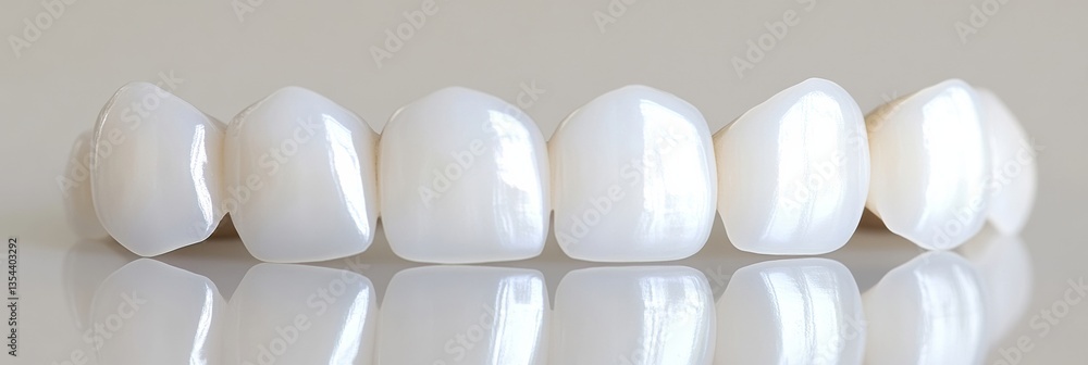 Poster close-up view of pristine white teeth featuring ceramic veneers with a glossy finish against a clean