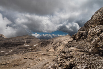nature sceneriesinside the Sass Pordoi, Sella mountain range, Dolomites, Val di Fassa, Italy