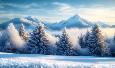 Winter landscape with frosty trees and a mountain view suitable for a copy space