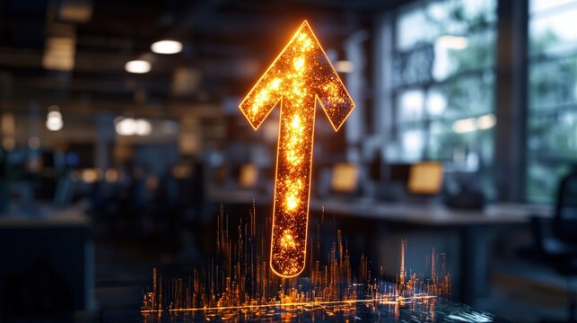 Fiery Orange Upward Arrow Composed of Glowing Particles Rising from Data Visualization Base in Modern Office with Blurred Background Setting